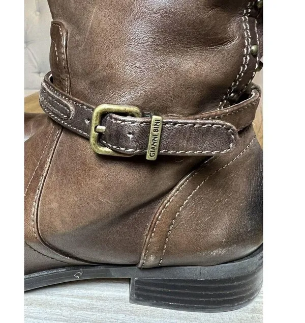 Gianni Bini Steampunk Boots Size 5.5 Mid Calf Low Heel Brown Leather Wrap Strap - Image 9