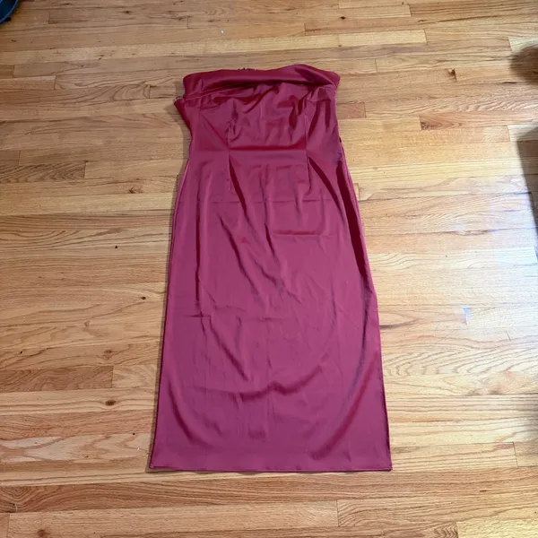 Anthropologie Strapless Satin Midi Dress XL Red Bodycon Side Slit NWT - Image 2