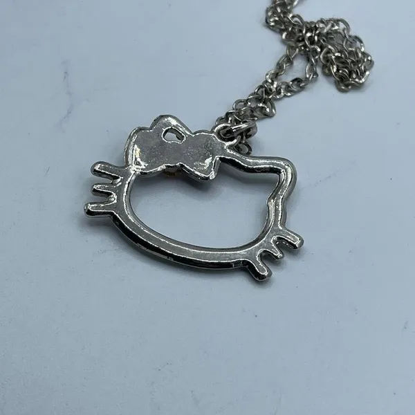 Vintage Hello Kitty outline rhinestone silvertone tone necklace - Image 4