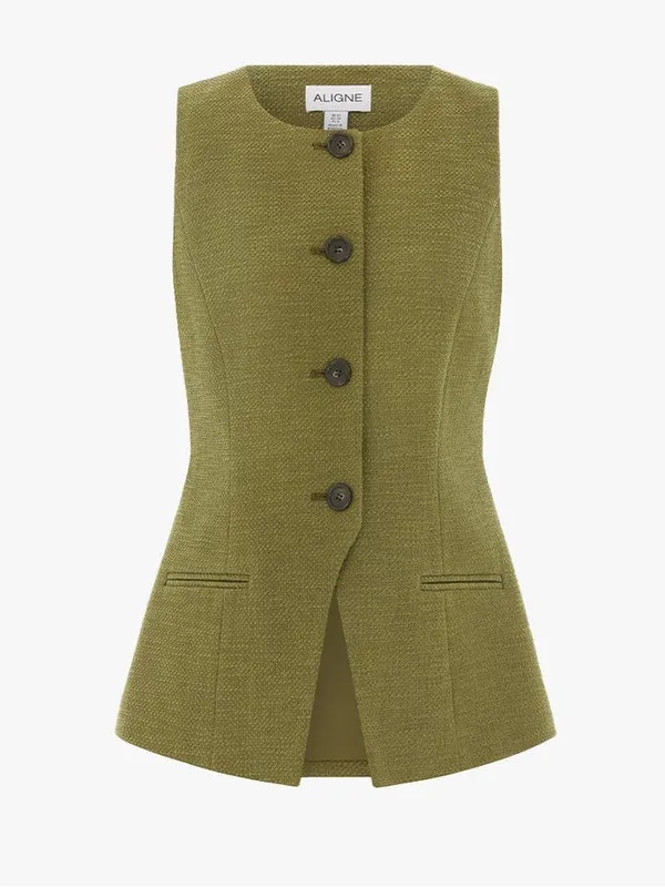 NWT Leo Long Boucle Waistcoat Sleeveless Olive Green Vest | 0 - Image 2