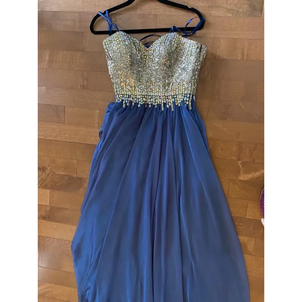 2000s Glow Dress Blue Chiffon Beaded Prom Gown Gold Sequin Formal Strapless S - Image 10