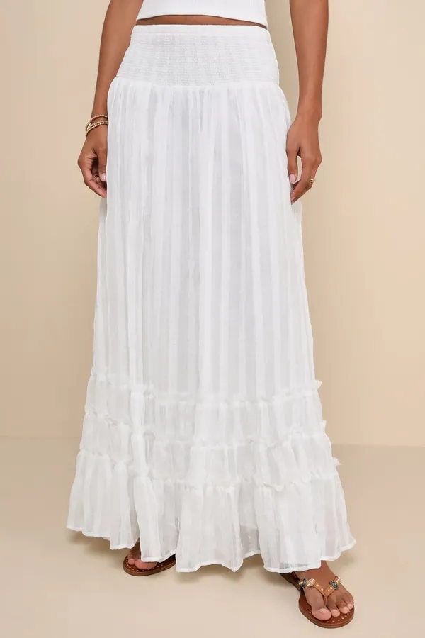New Lulus Sunny White Smocked Tiered High-Waisted Midi Skirt Size Small MSRP $59 - Image 2