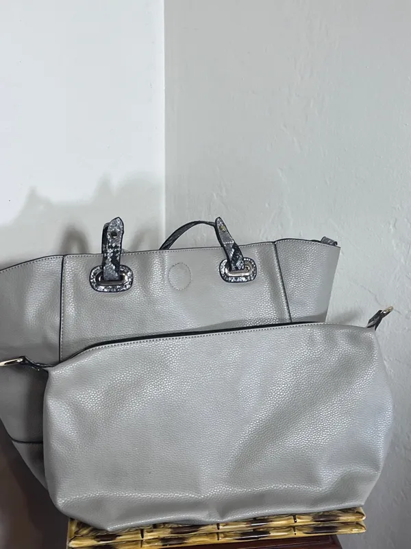 Michael Kors Light Gray Tote with Snake-Print Trim - Image 6
