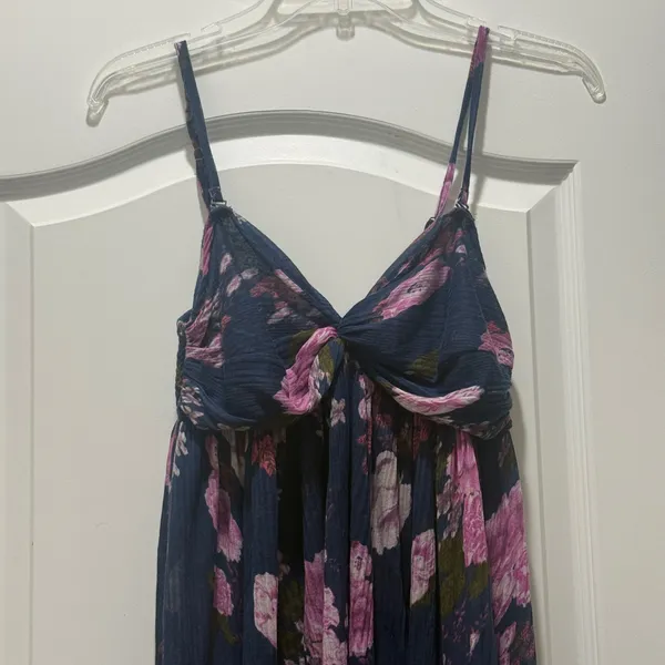 Free People Floral High-Low Dress Navy Pink Twisted Sweetheart Smocked Back sz M - Image 2