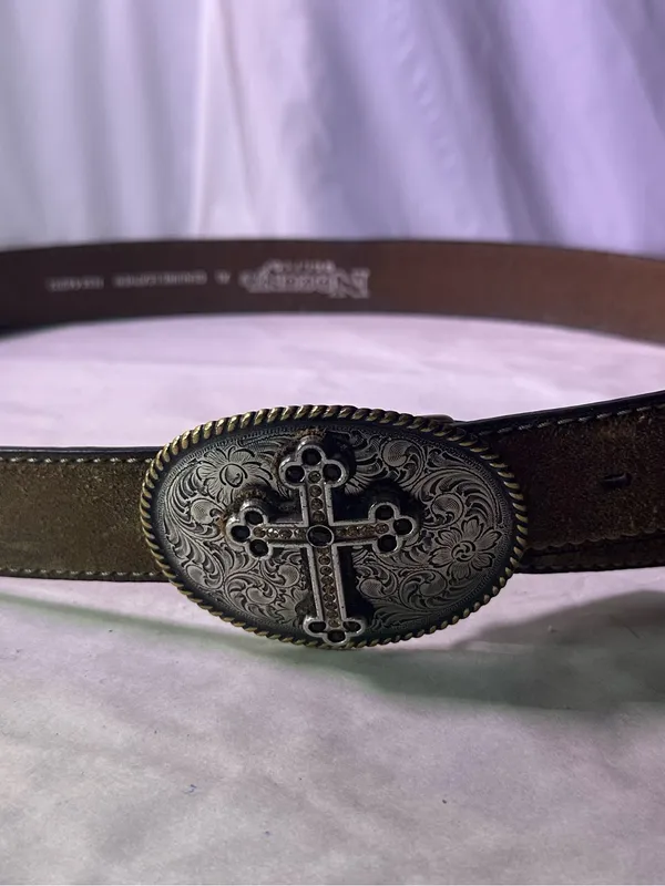 Nocona Brown Leather Belt with Ornate Cross Oval Buckle - Image 2