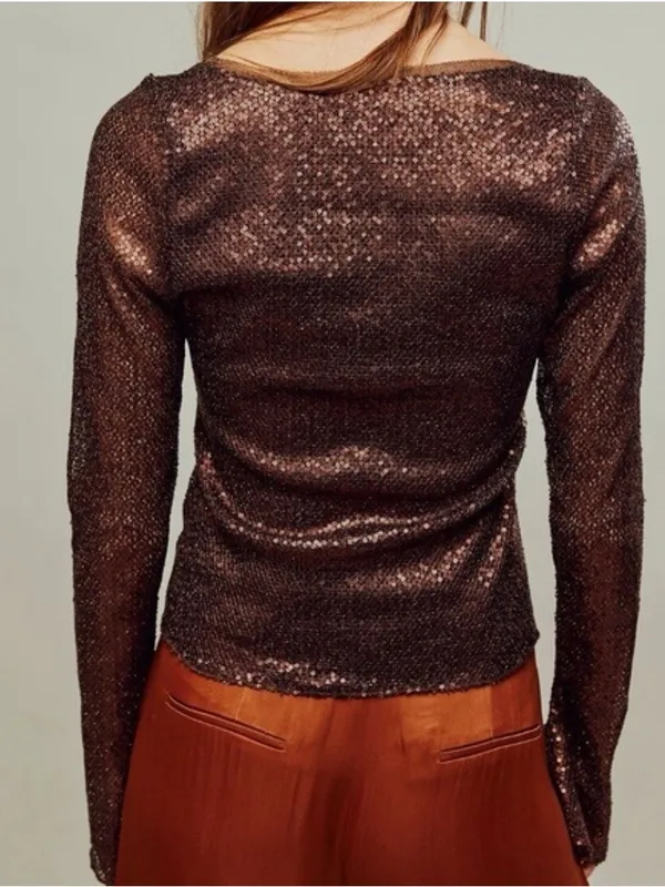 NWT Free People Intimately Late Night Disco Layering Top Sequin Hot Fudge Brown - Image 3