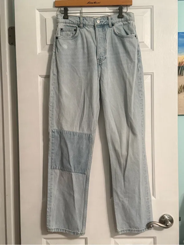 Reformation Jeans Cynthia High Rise Straight Leg Patch Jeans in Tahoe Wash - Image 2