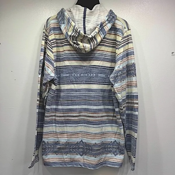 Free Planet Aztec Baja Pullover Hoodie Cream Blue Coral Hippie Boho Grunge Large - Image 3