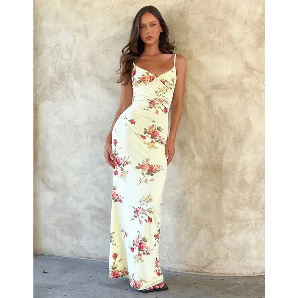 Women's Yellow Floral Sleeveless Cami Camisole Maxi Bodycon Slip Tank Dress Sz S - Image 4
