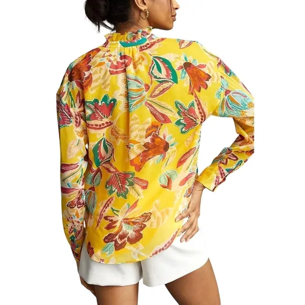 Pilcro Anthropologie Floral‎ Blouse Womens 1X Yellow Ruffle V-Neck - Image 3