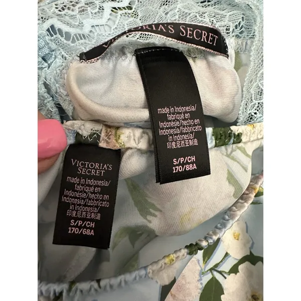 VICTORIA'S SECRET Blue LACE SATIN CAMI Pajama Babydoll S Lounge SET FLORAL I19-1 - Image 10