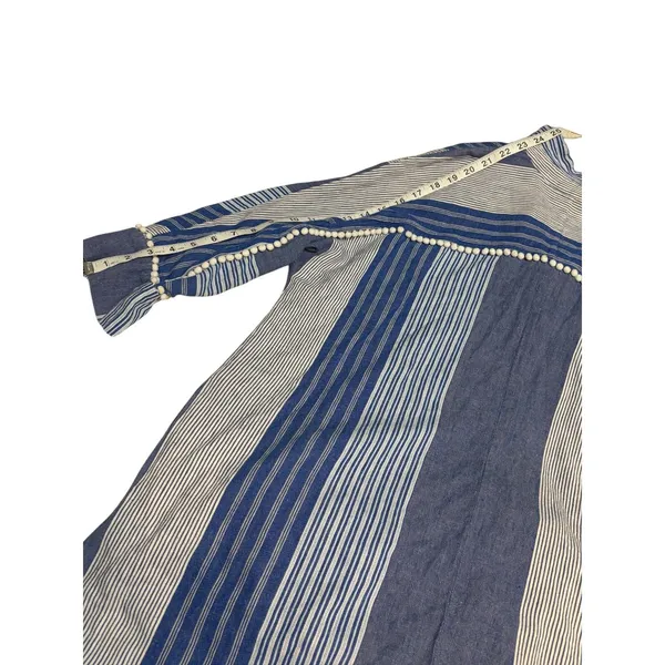 NIC+ZOE Linen Blend Striped Tunic Top Mini Dress Large Blue White Pom Trim - Image 7