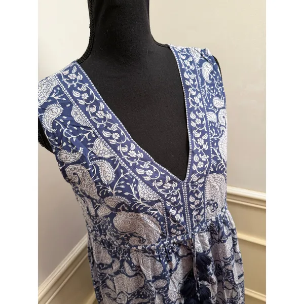 LA PLAGE Emily Cotton Printed Tassel Pocket Maxi Dress Blue White Boho Paisley - Image 2