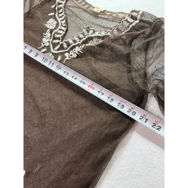 Sundance Brown Mesh Embroidered Tunic Top V-Neck 3/4 Sleeve Boho Floral Large - Image 10