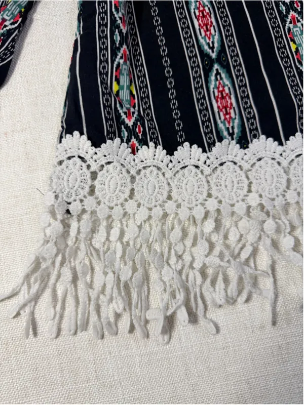 Julia Boho Geometric Striped Crochet Lace Fringe Bell Sleeve Top Black Large - Image 7