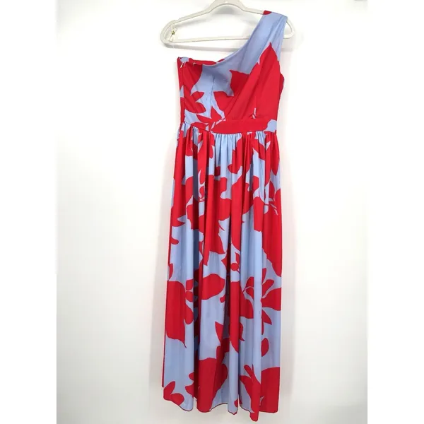 One Shoulder Maxi Dress SM Red Blue Floral Swing Pleated Vacation Resort Summer - Image 2