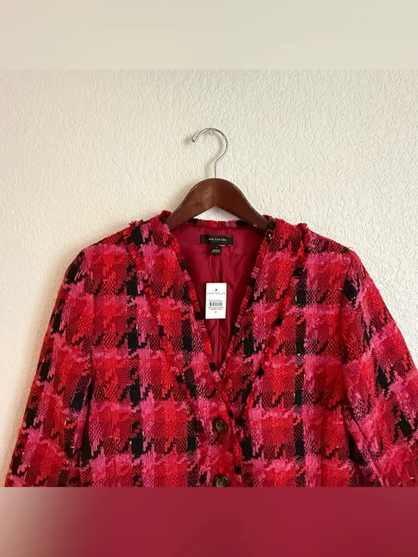 NWT Ann Taylor Womens Blazer Red Pink Tweed Houndstooth Size 4 - Image 3