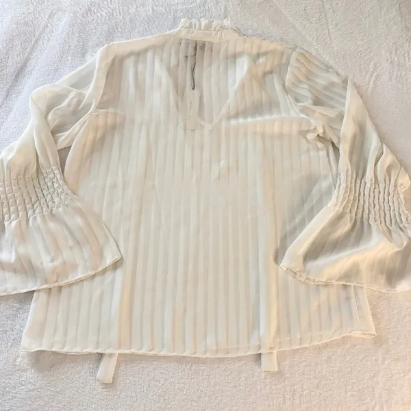 Waverly‎ Grey Tie Neck Ruffle Blouse Womens Size M White Smocked Sleeve Striped - Image 11