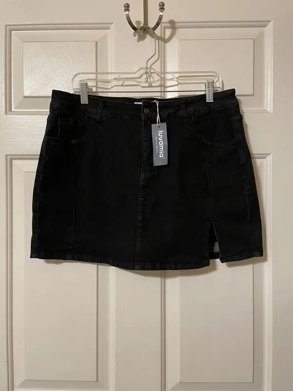 NWT! Viral Luvamia Black Denim Mini Skirt Skort with Front Slit and shorts XL - Image 2