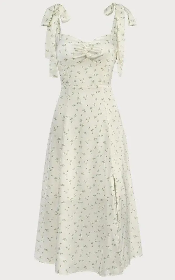 RIHOAS The Light Green Satin Floral Tie Strap Slit Midi Dress S 76 - Image 6