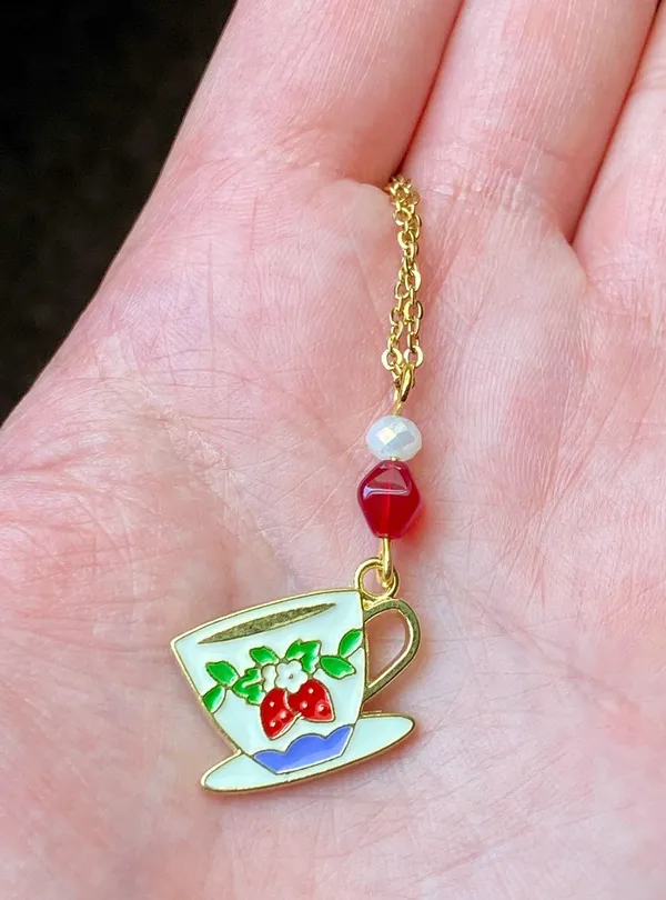 Handmade strawberry teacup cottage fairy cute necklace🍓🫖 - Image 3