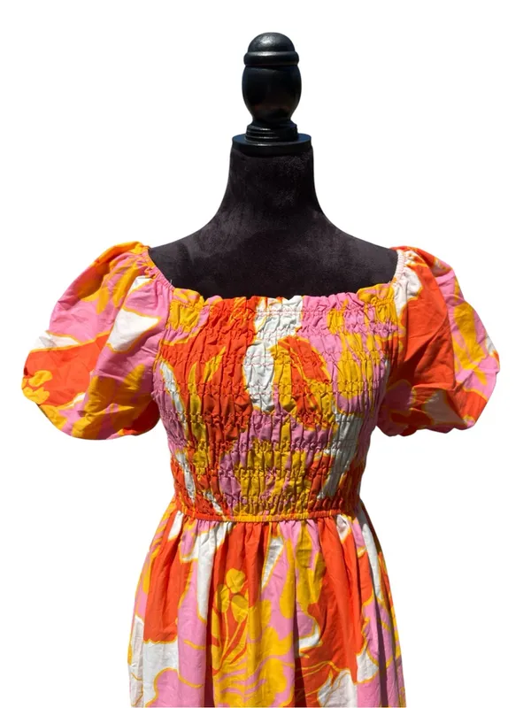 Ana & Rose Floral Smocked Midi Dress Puff Sleeve Tropical Boho Orange Pink L - Image 3