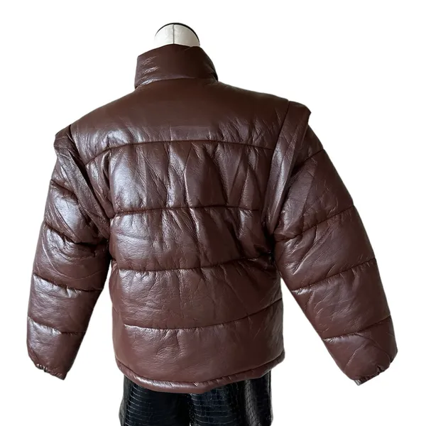 NWT We Wore What Snap-Off Sleeve Faux Leather Puffer Jacket Chocolate Brown XS - Image 8