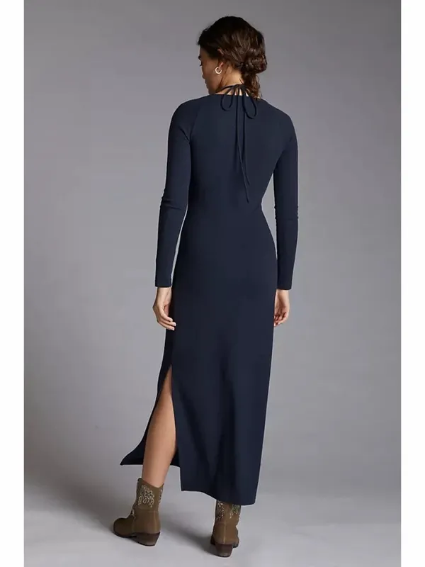 Anthropologie Tie-Front Charcoal‎ Gray Side Slit Long Sleeve Midi Dress - Image 2