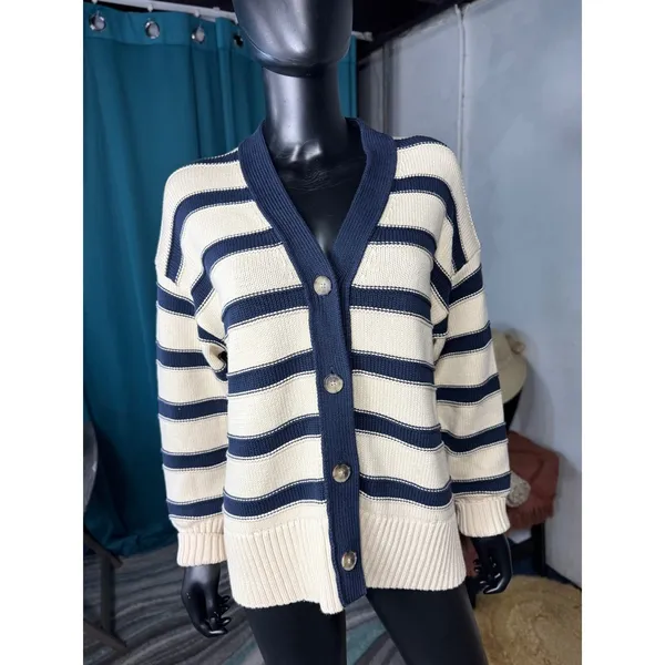 Madewell Striped Navy Cream V Neck S Button‎ Front Knit Cardigan Sweater Women - Image 2