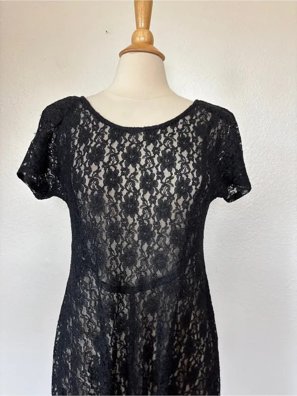 All That Jazz Vintage Witchy Goth Black Lace Short Sleeve Sheer Skater Dress - Image 2