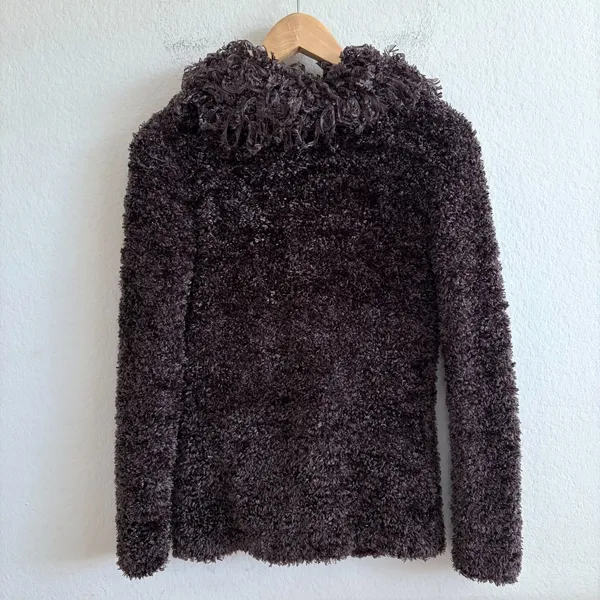 American Vintage MICHELLE NICOLE Vtg Y2K Brown Shaggy Fuzzy Knit Cardigan Sweater Womens Small - Image 2