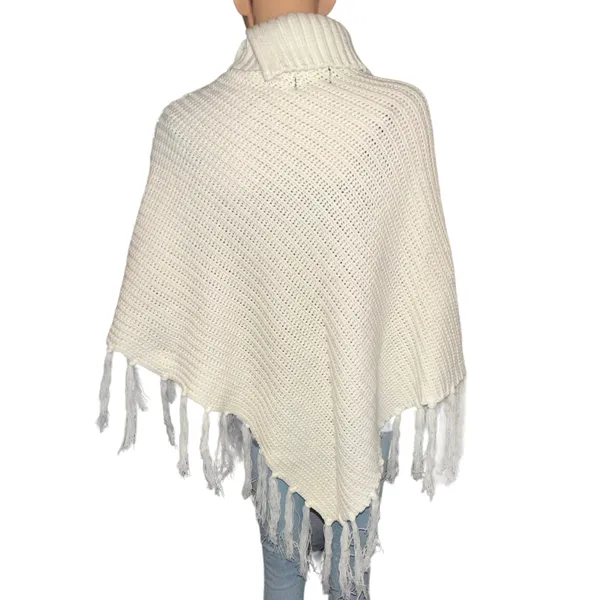 Sequined Fringe Turtleneck Poncho White - Image 3