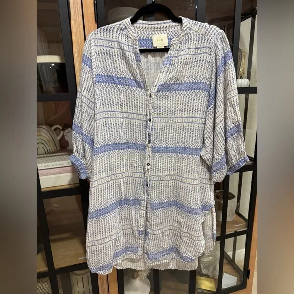 Anthropologie Maeve Yarn Dyed Lena Tunic Top 3/4 long balloon Sleeves Oversized - Image 2