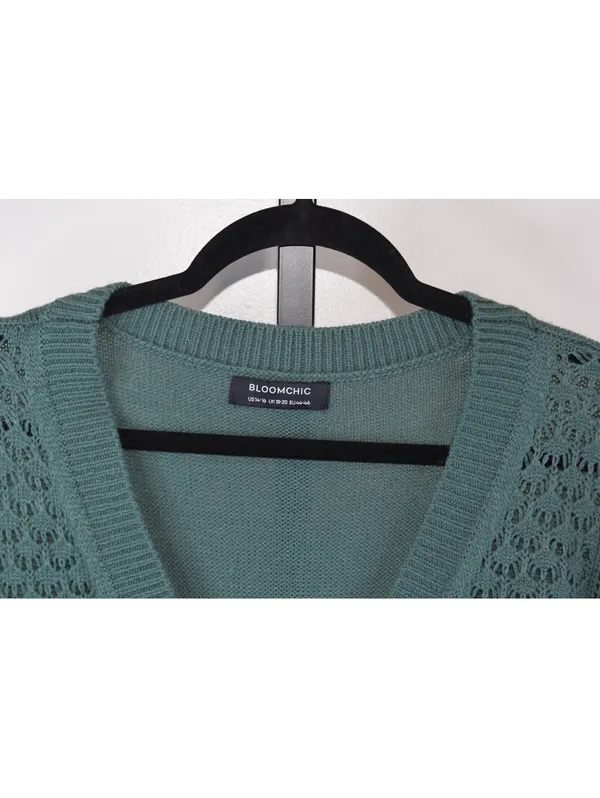 BloomChic Sage Green Crochet Knit Cardigan Open Weave Button Front Sweater 14-16 - Image 3