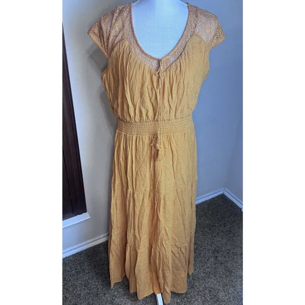Luxology Gauzy Maxi Dress Sz L Orange Smocked Waist Ruffled Tiered Gypsy Boho - Image 2