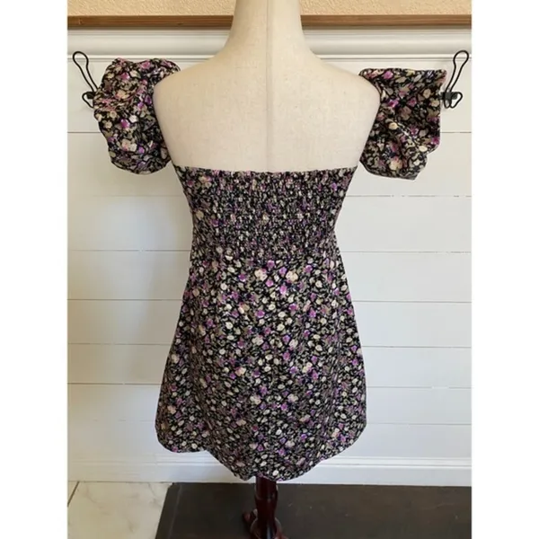 Pomelo Floral Puff Sleeve Mini Dress Black‎ Purple Square Neck Smocked Back M - Image 7