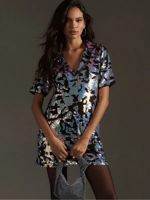Bhanuni by Jyoti Sequin V-Neck Short Sleeve Mini Dress Black Multi Size Su - Image 2