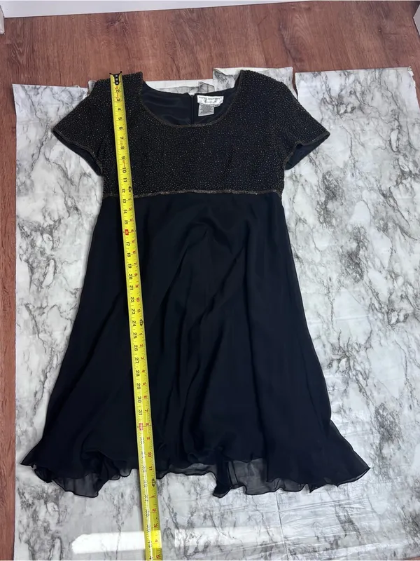 Papell Boutique 100% silk black Beaded Short Sleeve Chiffon Cocktail Dress 14 - Image 4