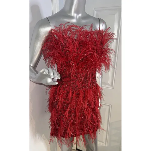 ASHLEYlauren 4615 Red Beaded Feather Cocktail Dress Strapless 2 Pageant Prom - Image 4