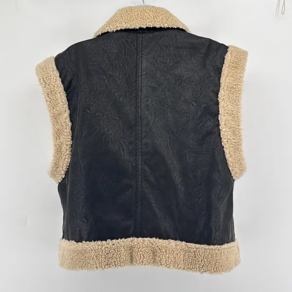 Free‎ People We The Free Clover Teddy Vegan Leather Shearling Vest Black Cream L - Image 7