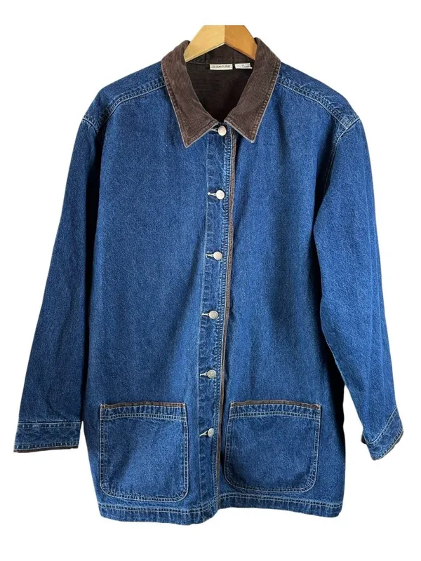 St John's Bay Women's 1X Denim Chore Barn Jacket Brown Corduroy Collar Blue - Image 2