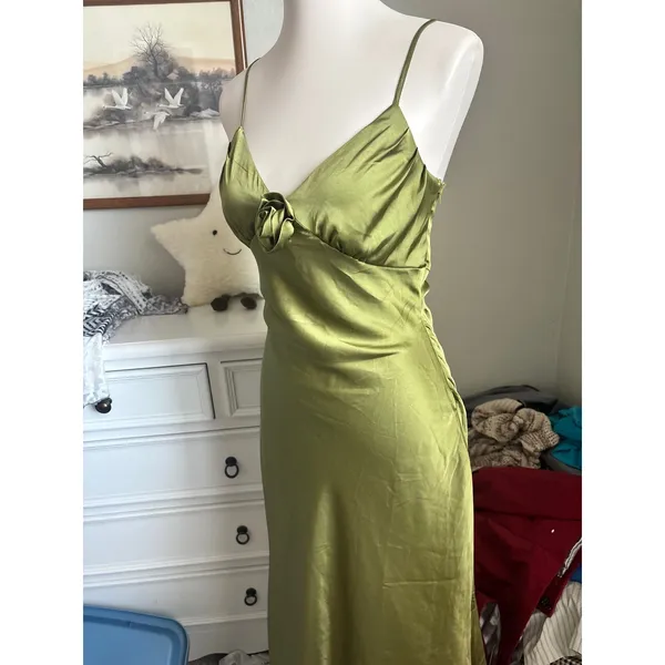 Satin Green Rosette Maxi Dress Floral Slip Olive Lime Formal Evening Gown - Image 2