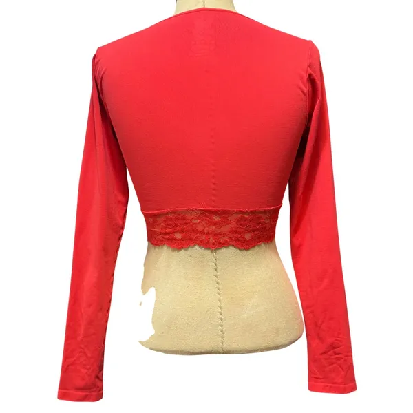 Anthropologie S/M Lace-Trim Cutout Long-Sleeve Crop Top Red Coquette Ballet Sexy - Image 4