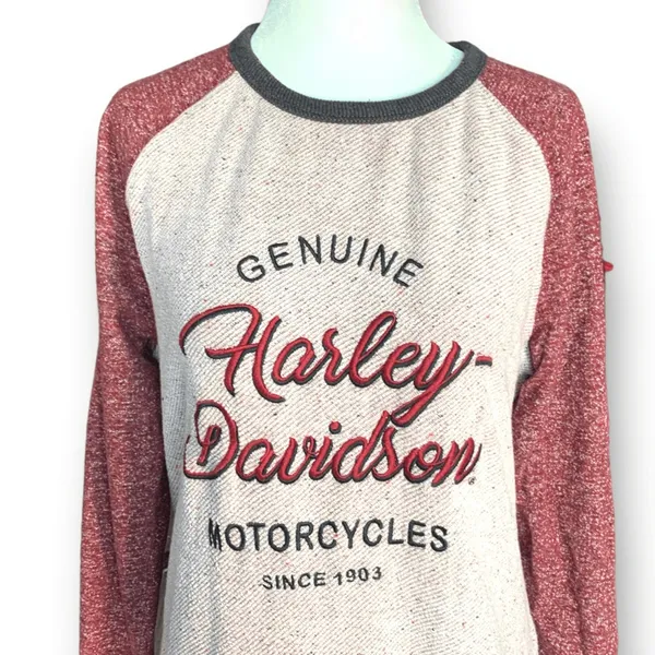 Harley Davidson Cream Red Raglan Sleeve Crewneck Pullover‎ Sweatshirt Size Small - Image 2