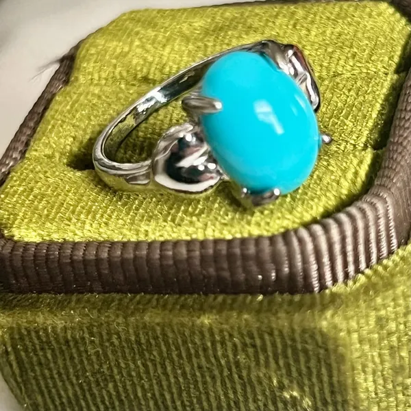 Turquoise and White Topaz Titanium Steel Silver Band Size 8 - Image 3