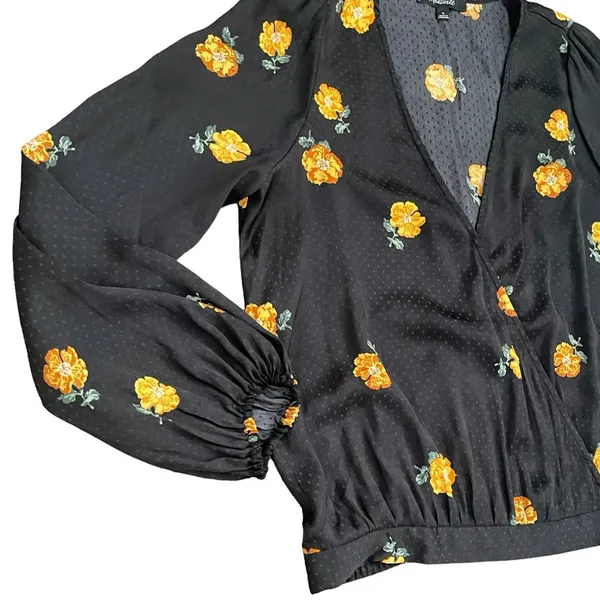 Madewell Bubble-Sleeve Black Wrap Top with Yellow Gold Floating Florets S - Image 10