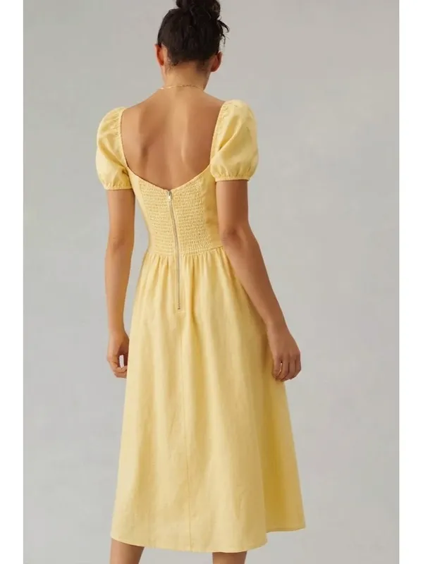 NWT Reformation Davila in Parmesan Yellow Linen Puff Sleeve Midi Dress 8 - Image 10