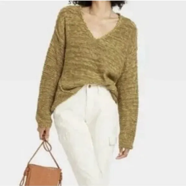 Universal Threads L Women’s Olive Marled 100% Cotton V-Neck Knit Sweater - Image 7