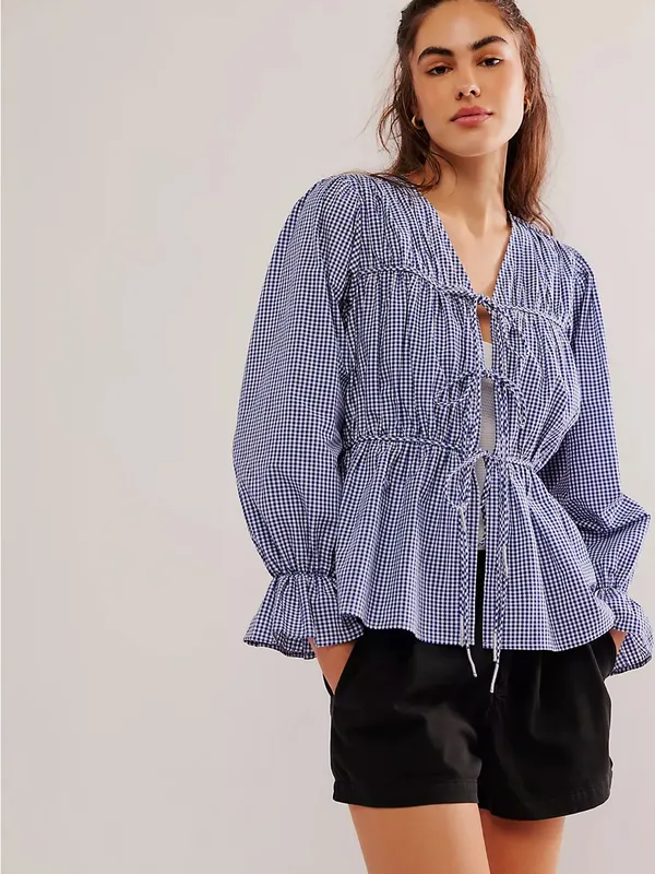 Nigel Preston For Free People Navy Gingham Tie-Front Peasant Blouse - Image 2