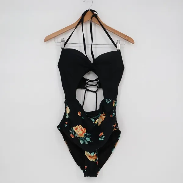 Cupshe One Piece Womens Small Black Floral‎ Stretch Padded Halter Neck Swimsuit - Image 2